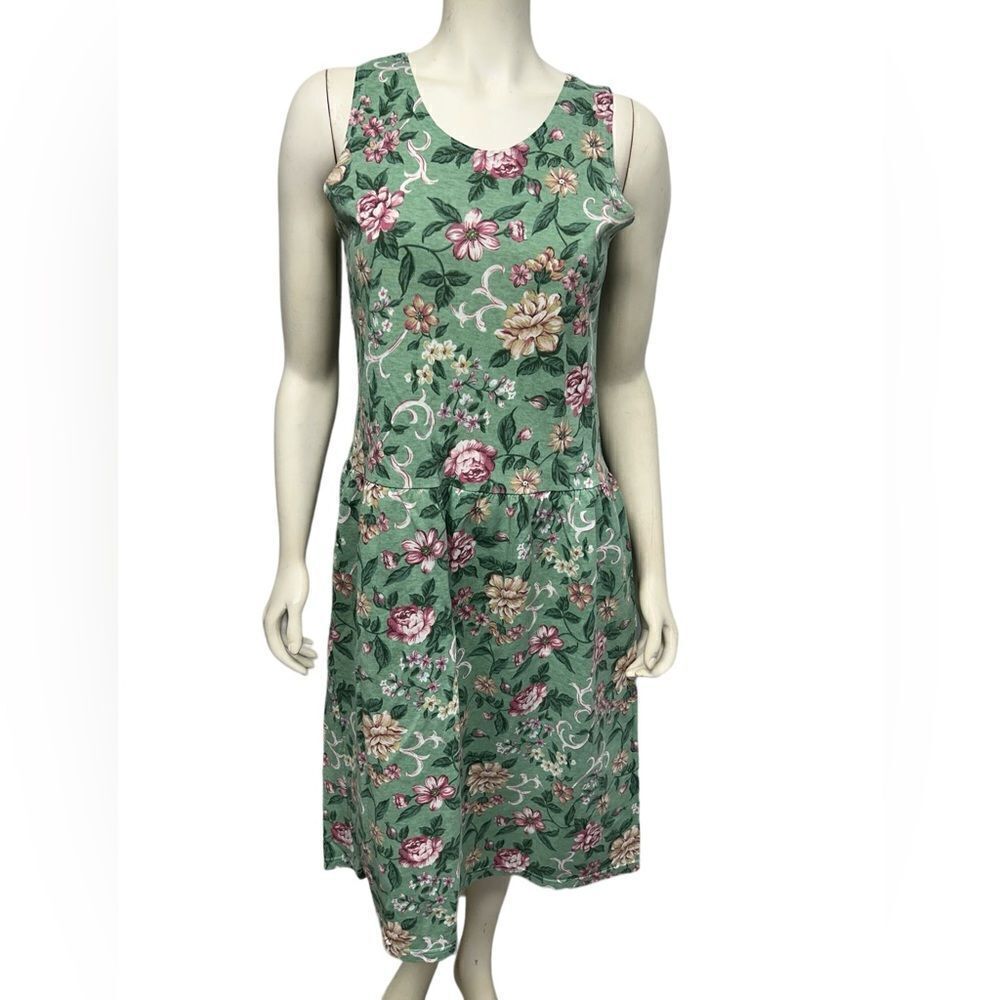 Vintage Green Pink Floral Babydoll Dress Sleeveless A-Line Midi Dress Flowers